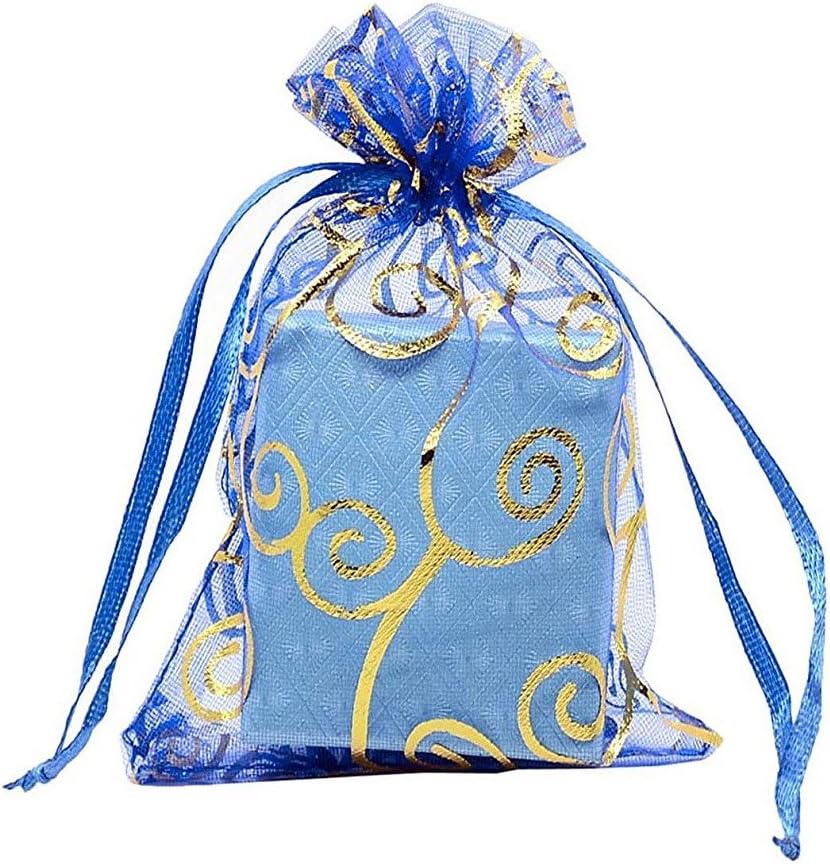 Set of 100,5x7 Inches Sheer Organza Drawstring Pouches with Vines Printing for Festival Wedding Party Favor Candy Wrap Bags by JSSHI (Blue with Golden Vines)