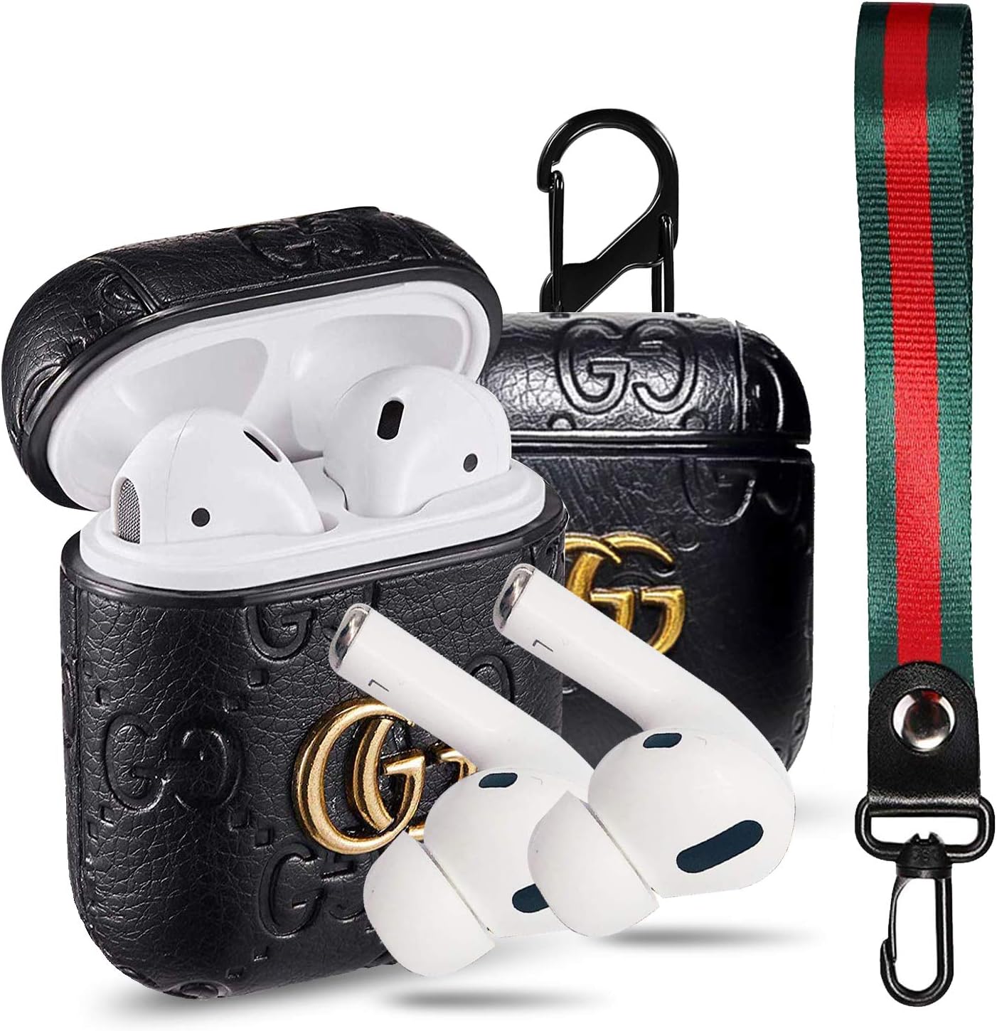 Designer Airpods Leather Case Cover : Giayouneer Luxury Classic Wireless Charging Case with Keychain Clip and Wristlet Strap Accessories Kit for Apple AirPods 2 and 1, Black for Airpods