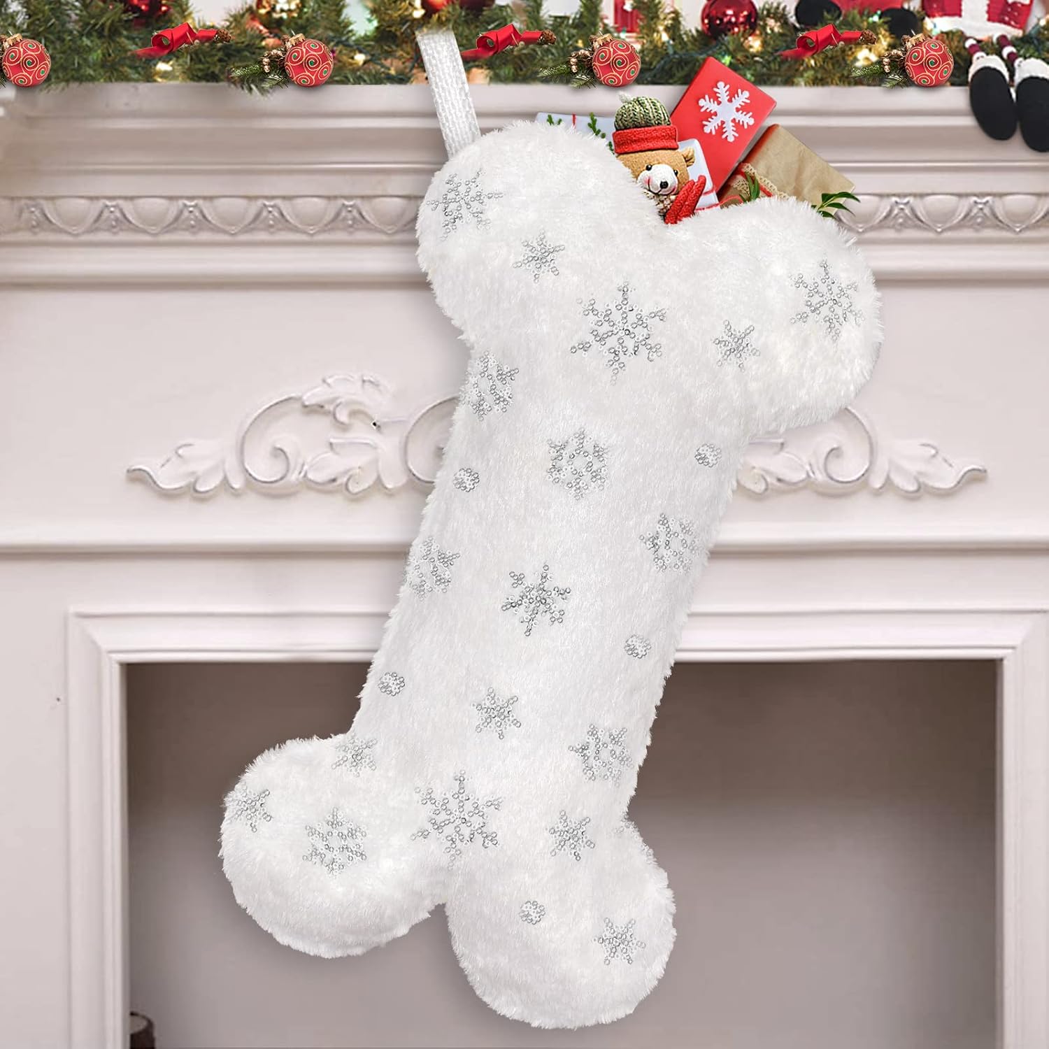 Stockings & Holders - Malier Pet Dog Christmas Stocking, Xmas Luxury Faux Fur Large Bone Shape Hanging with Silver Snowflakes Sequin Decorations Pets Christmas Stockings for Dogs Cats Pets (Silver Sequins)