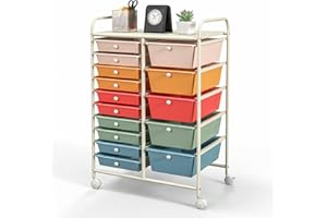 LDAILY Moccha 15-Drawer Rolling Storage Cart - Under Desk Storage Drawers with wheels for Craft Art Supply Paper Salon, Scrapbook Paper Tools, Mobile Utility Cart for Classroom (15 Drawers, Macaron)