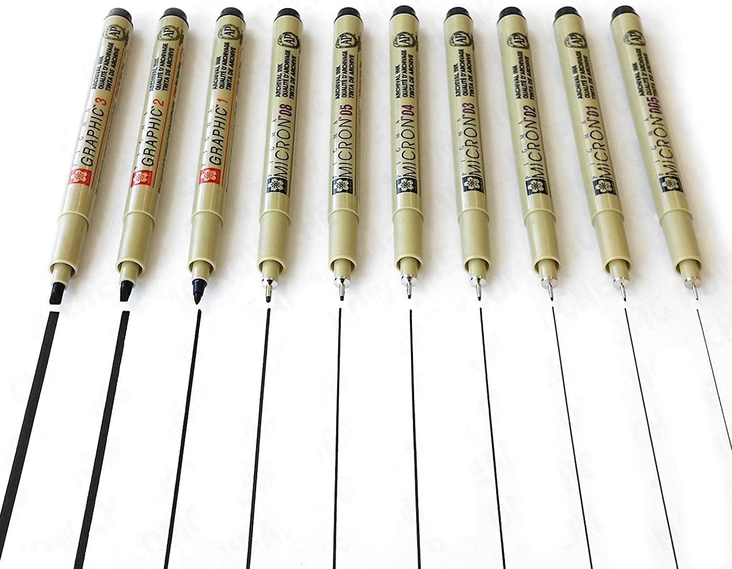 Pigma Sakura Superfine Tip Micron and Graphic Pigment Black Marker Pens 0.05mm to 3mm (Pack of 10)