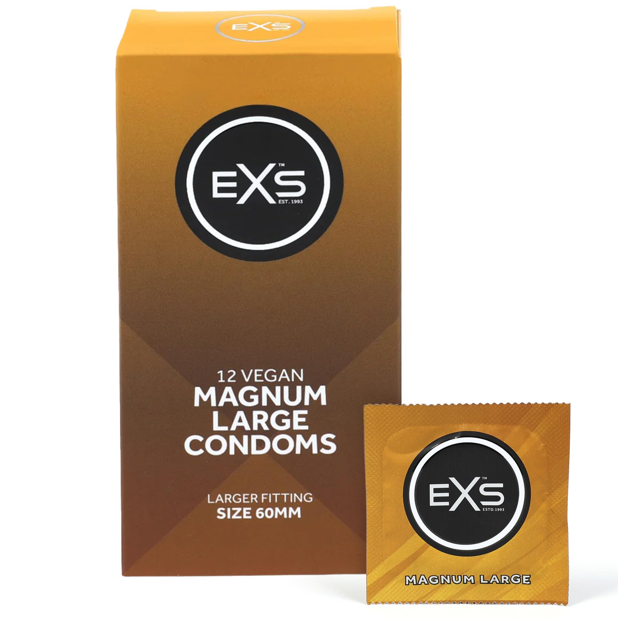 EXS Magnum 60mm Large Condoms (12 Pack) Premium Latex Large Condom for Men with Non-Spermicidal Lube, Straight-Walled with Teat, PETA-Approved, Vegan, 3 Year Life - CE Marked NHS Approved Male Condoms