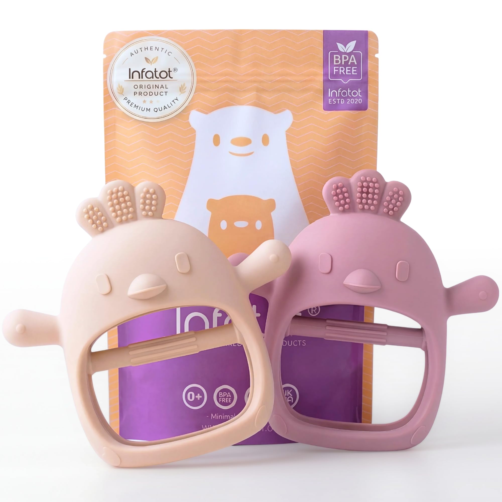 Infatot® Teething Toys for Baby Gifts – 2 Pack Chicken Silicone Mitten Teether, Soothing Glove for Infants, Baby Toys 0-6 Months, Soft Chewable Teether Toy to Prevent Finger Sucking, CH Plum & Cream. — image 1