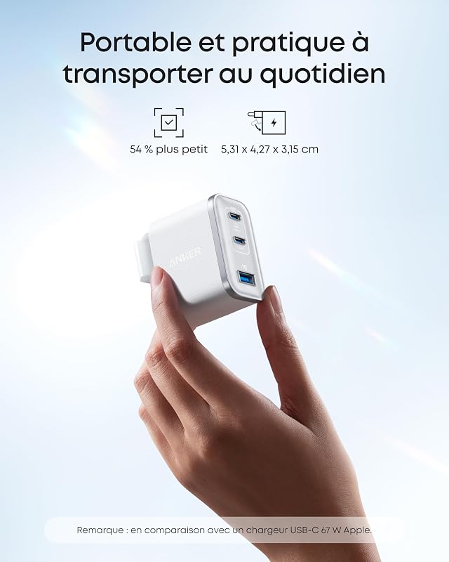 Nano Chargeur USB C 70W 3 Ports (Câble Inclus), Sortie Ultrafast