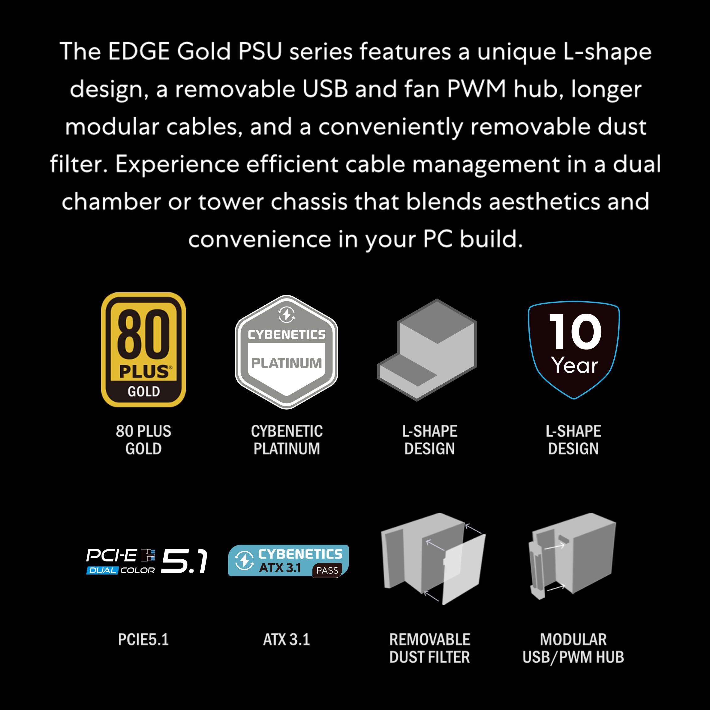 Lian Li EDGE1200W Fully Modular Low-Noise ATX Power Supply - ATX 3.1 & PCIE 5.1 Compliant - Cybenetics Gold Efficiency - 12V-2x6 Cable - L-Shape Design - with USB/Fan Hub - Black (EG1200G.WB)