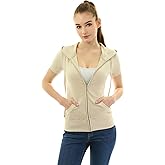 AmélieBoutik Women Cotton Blend Hoodie Zip Up Kangaroo Pocket Short Sleeve Jacket
