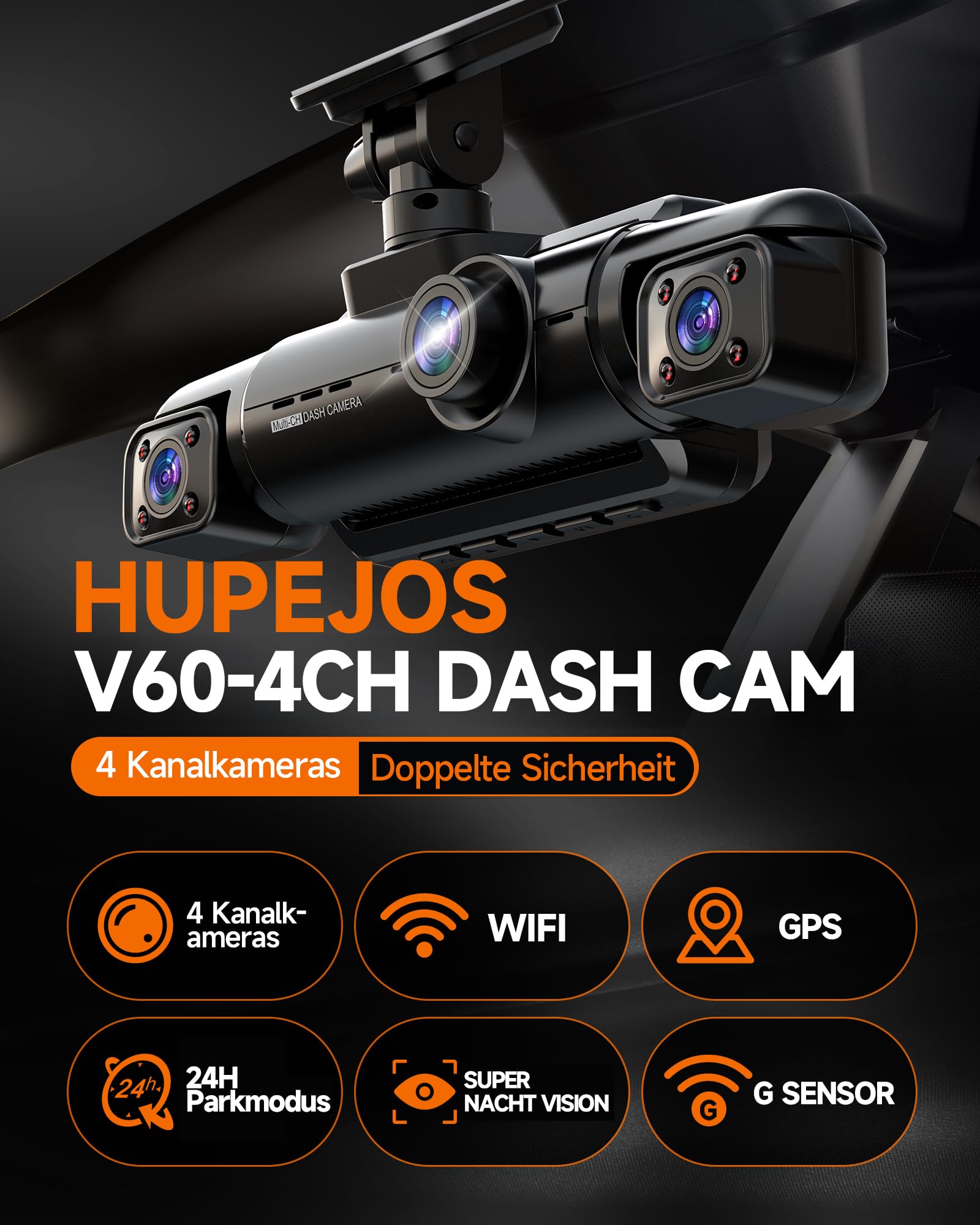 HUPEJOS 360° Dashcam Auto Vorne Hinten 4 Kanal Dash Cam Auto Kamera FHD 1080Px4,4×150° Weitwinkel,WDR-Nachtsicht (8 IR-LEDs), 3,18" IPS Display, G-Sensor,WiFi GPS,24/7 Parkmodus, 64GB SD-Karte 2
