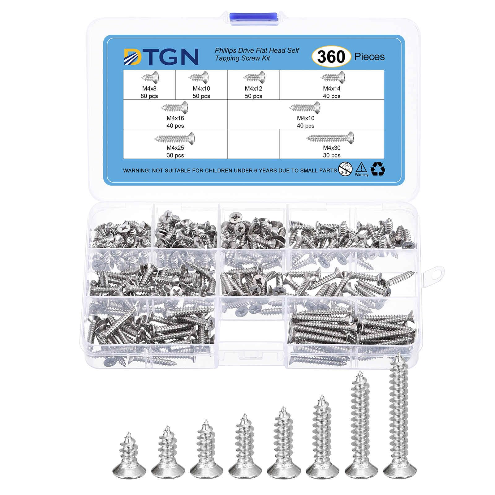 DTGN 360Pcs Wood Screws Assortment Kit - 8 Sizes 304 Stainless Steel M4x(8-30mm) Phillips Flat Head Self Tapping Screws - for Woodworking, Furniture