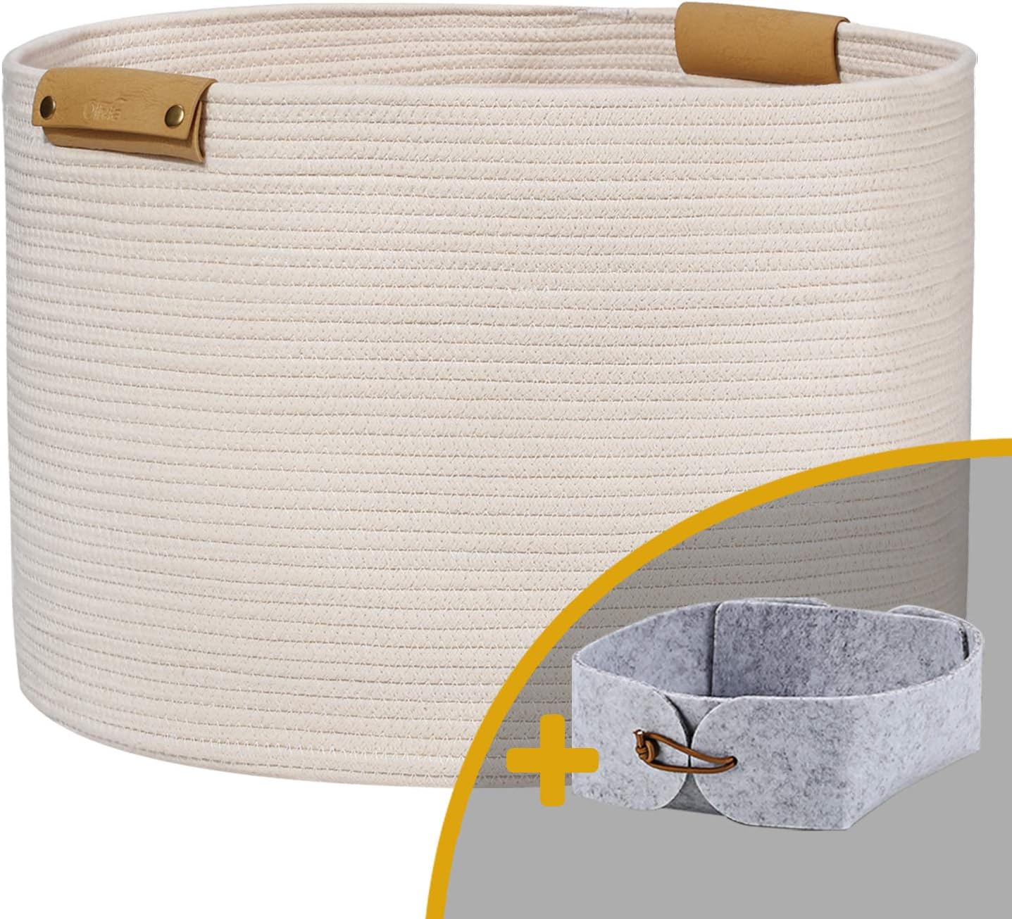 XXXL Large Woven Rope Storage Baskets with Handles, 20"x 13.3" Laundry Baskets for Blankets Organizing, Baby Toys Nursery Basket for Living Room, XXL Decorative Woven Baskets for Kids Toys