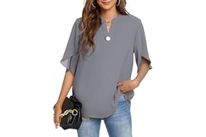 Funlingo Women's Summer Tops Short Sleeve Casual Shirts V Neck Chiffon Dressy Blouse Tops
