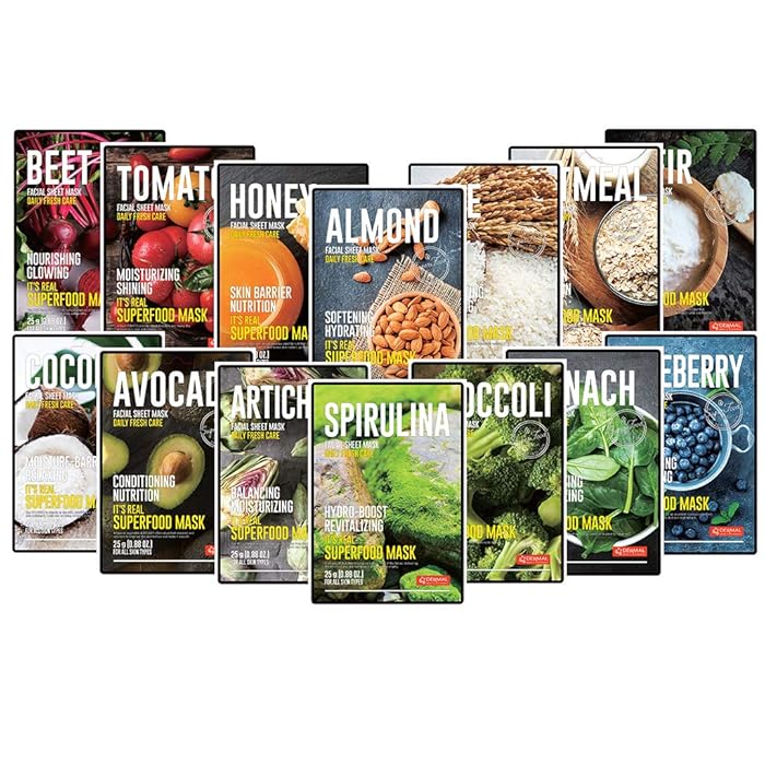 DERMAL Super Food Facial Mask Sheet 25g Pack of 14-2 Weeks Daily Skincare, Real Fresh Healthy Superfood Facial Mask Combo Set, Super-Adhesion Sheet, Pore Care, Moisturizing & Soothing, Anti-Wrinkle
