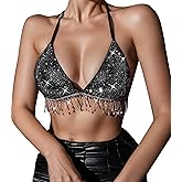FEOYA Women Halter Sequins Crop Top Sparkle Fringe Bra Tops Rhinestone Club Party Rave Outfits