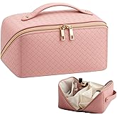 VERNASSA Large Capacity Travel Makeup Bag for Women, Waterproof Portable Cosmetic Bag with Compartments, Foldable Flat Lay Design for Easy Access, Perfect for Toiletries & Beauty Essentials (Pink)
