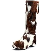 XOBZJH Women’s Cowhide Calf Hair Knee-High Winter Boots, Wool-Lined Warm Fur Snow Boots with Built-In Waterproof Platform, Anti-Slip Sole, Animal Print Western Style Real Cow Hide Boots