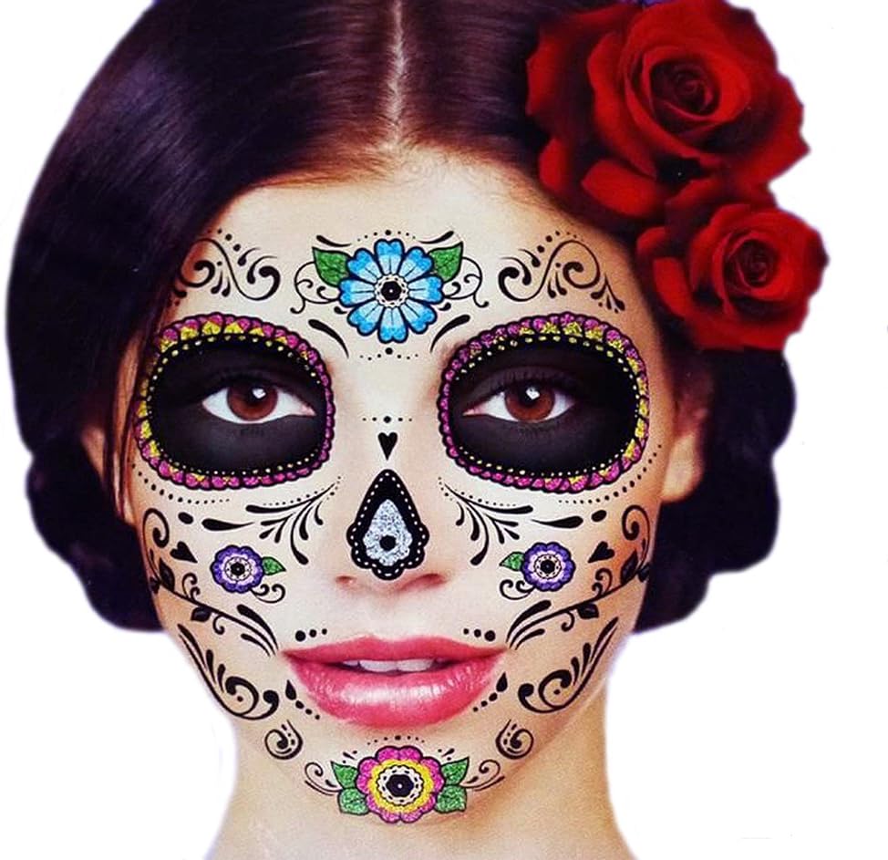 Glitter Floral Day of the Dead Sugar Skull Temporary Face Tattoo Kit - Pack of 2 Kits