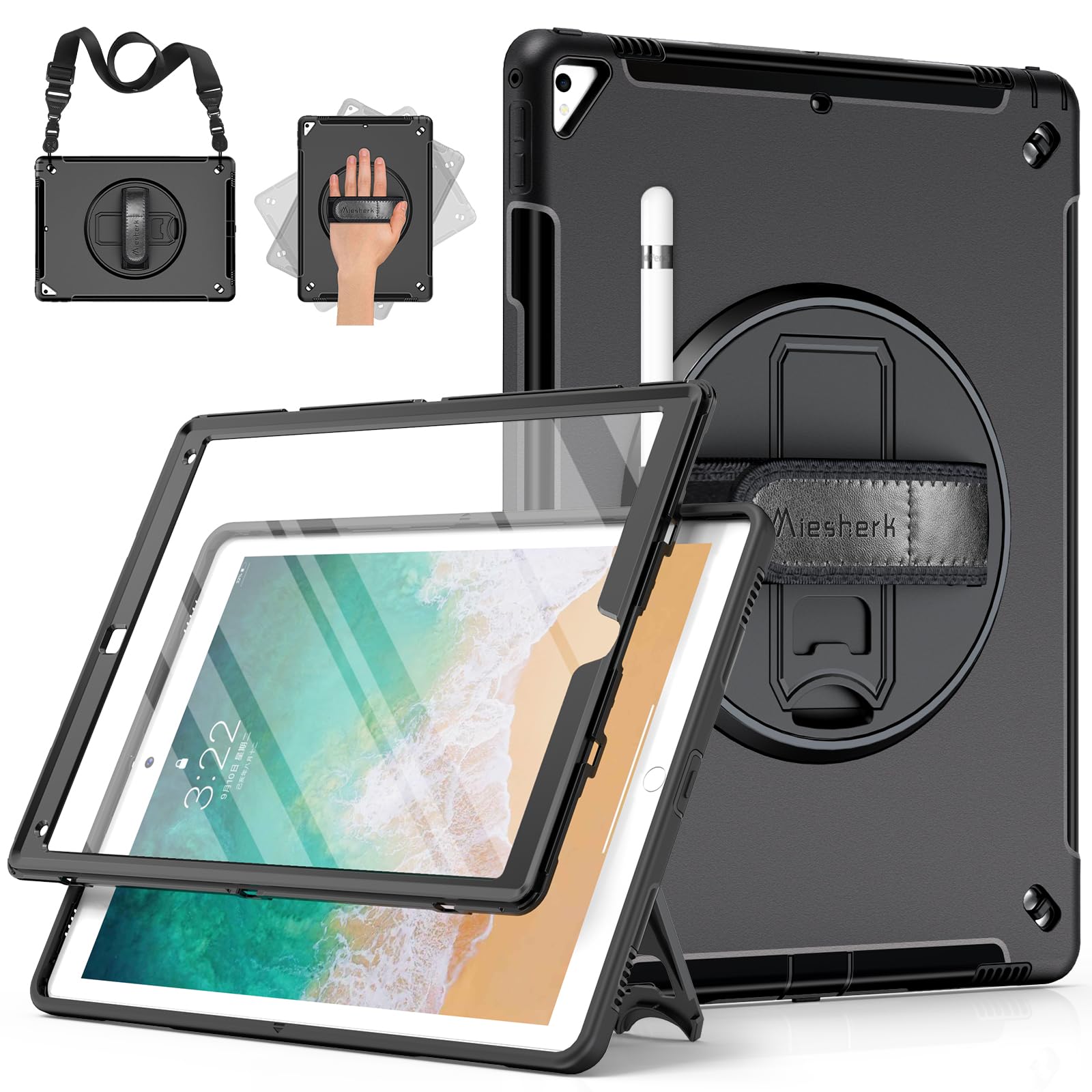 Miesherk Case for iPad Pro 12.9 2nd/1st Generation 2017/2015: Military Rugged Protective Shockproof Cover for iPad Pro 12.9 Inch - Pencil Holder - 360° Rotating Stand - Hand/Shoulder Strap - Black