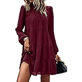 KIRUNDO Long Sleeve Baby Doll Dresses Women 2026 Casual Spring Summer Ruffle Mock Neck Tiered Mini Flowy Swing Shift Dress