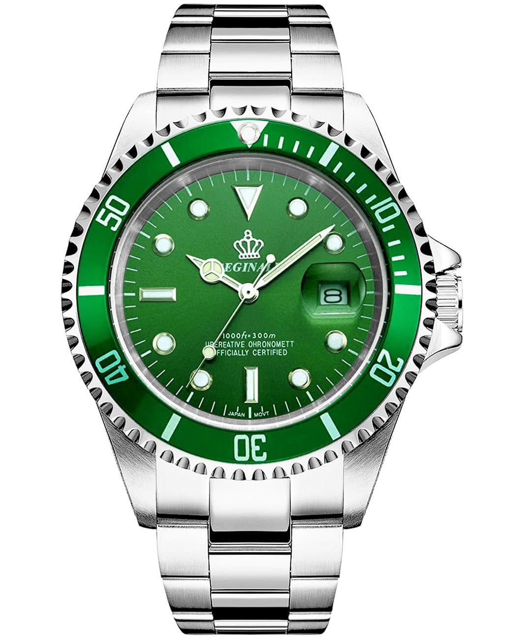 Reginald Men's Watch Luminous Quartz Rotatable Bezel Sapphire Glass Silver Stainless Steel Band and Case Waterproof Sports Black Watch, Green Dial, sports