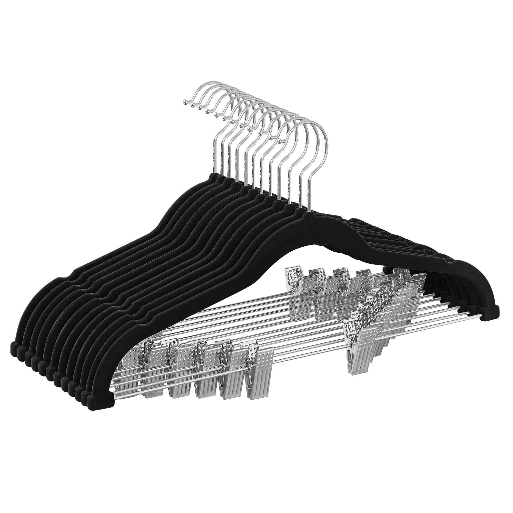 SONGMICS Trouser Hangers, Set of 12 Velvet Hangers with Adjustable Clips, 42.5 cm Long, Non-Slip, Space-Saving, for Skirts, Coats, Dresses, Black CRF12B