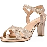 DREAM PAIRS Women's Chunky Heels Open Toe Ankle Strap Sparkly Heels Pump Sandals
