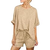 Tankaneo Womens 2 Piece Lounge Sets Oversized Short Sleeve T-shirts Drawstring Shorts Sets Pajamas Summer Outfits