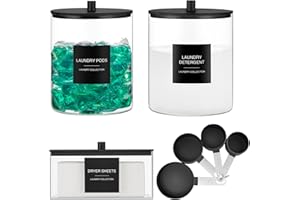 TIPGO 3 Pack Glass Jars and Acrylic Dryer Sheet Holder, Laundry Pods Container with Bamboo Lid and Measuring Cups for Laundry Room Organization, Powder Detergent Containers (Black)