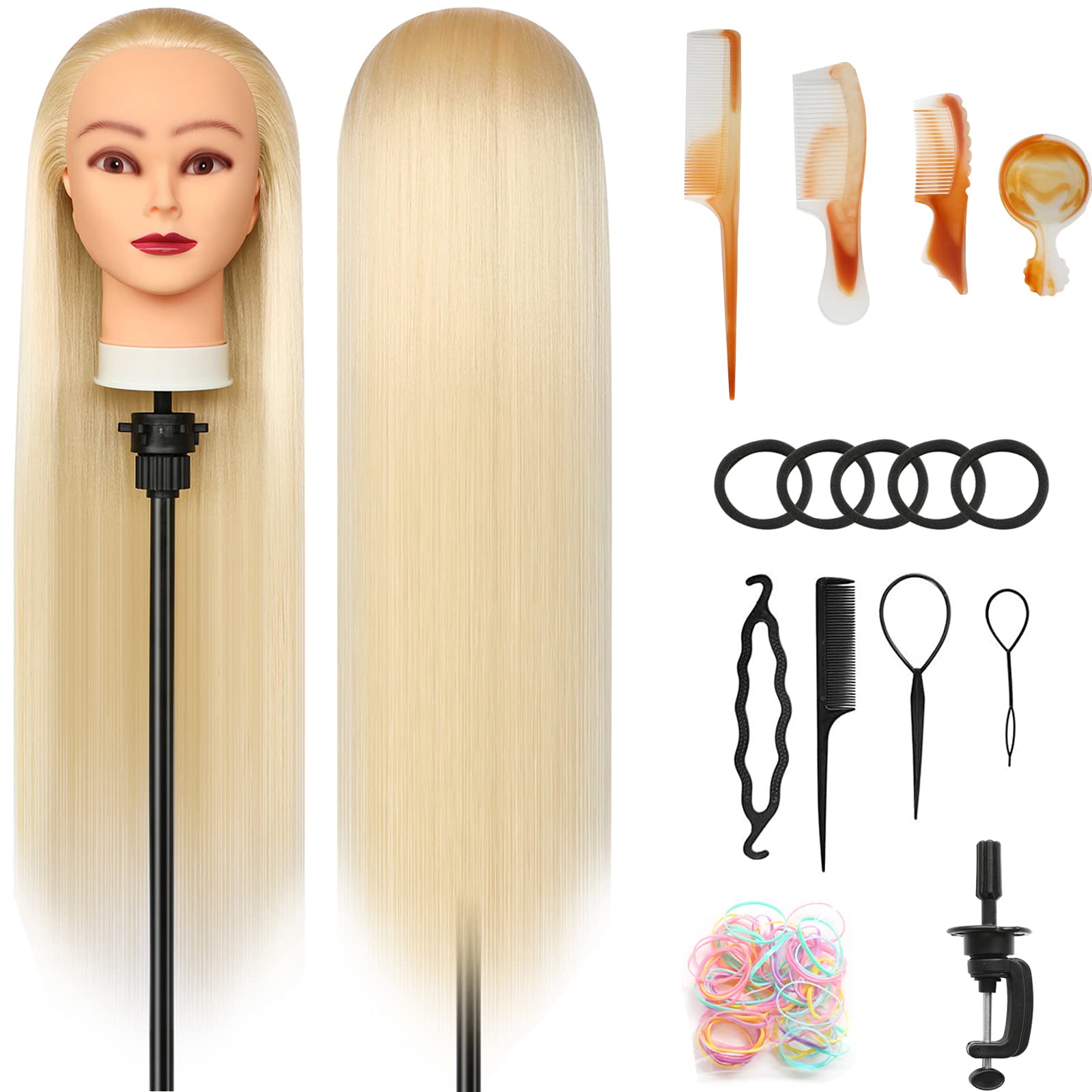 XINMEIFA Styling Head 28 inch Training Head 100% Synthetic Fibres Hairdressing Head Hairdresser Training Heads with Free Clamp and DIY Braiding Set (Blonde)