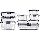 Rubbermaid Brilliance Glass Storage Set of 9 Food Containers with Lids (18 Pieces Total), Set, Assorted, Clear