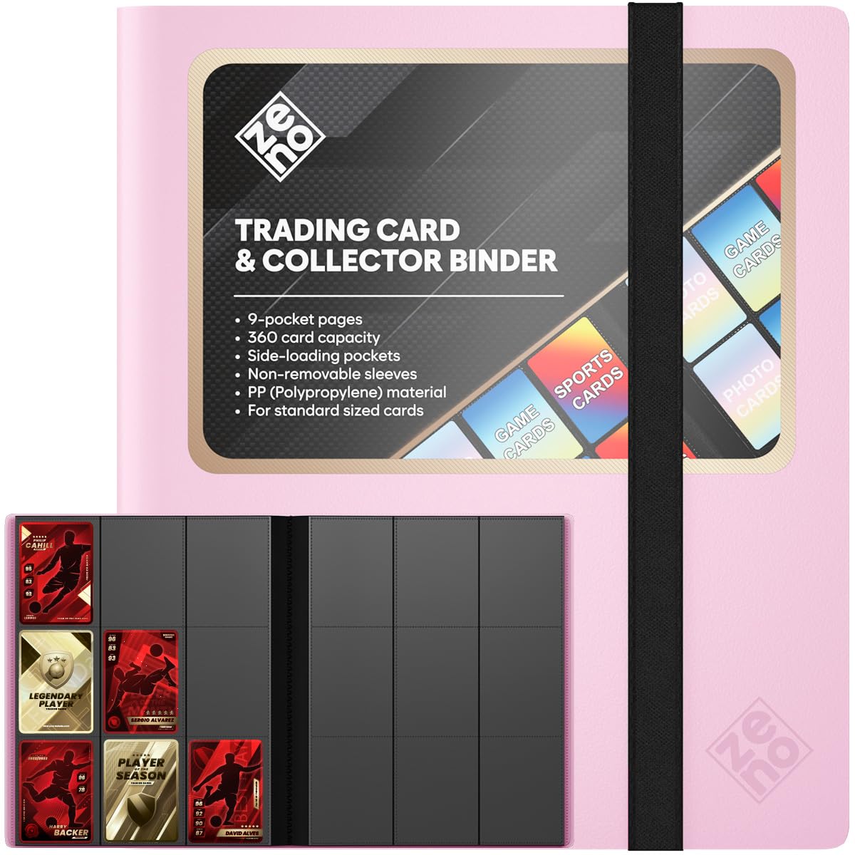 Trading Card Binder 9 Pocket, Card Collection Binder with 360 Capacity, Side Loading Nonremovable Sleeves, Durable PP (Polypropylene) Material for Standard Size Trading Cards TCG Sports Cards - Pink