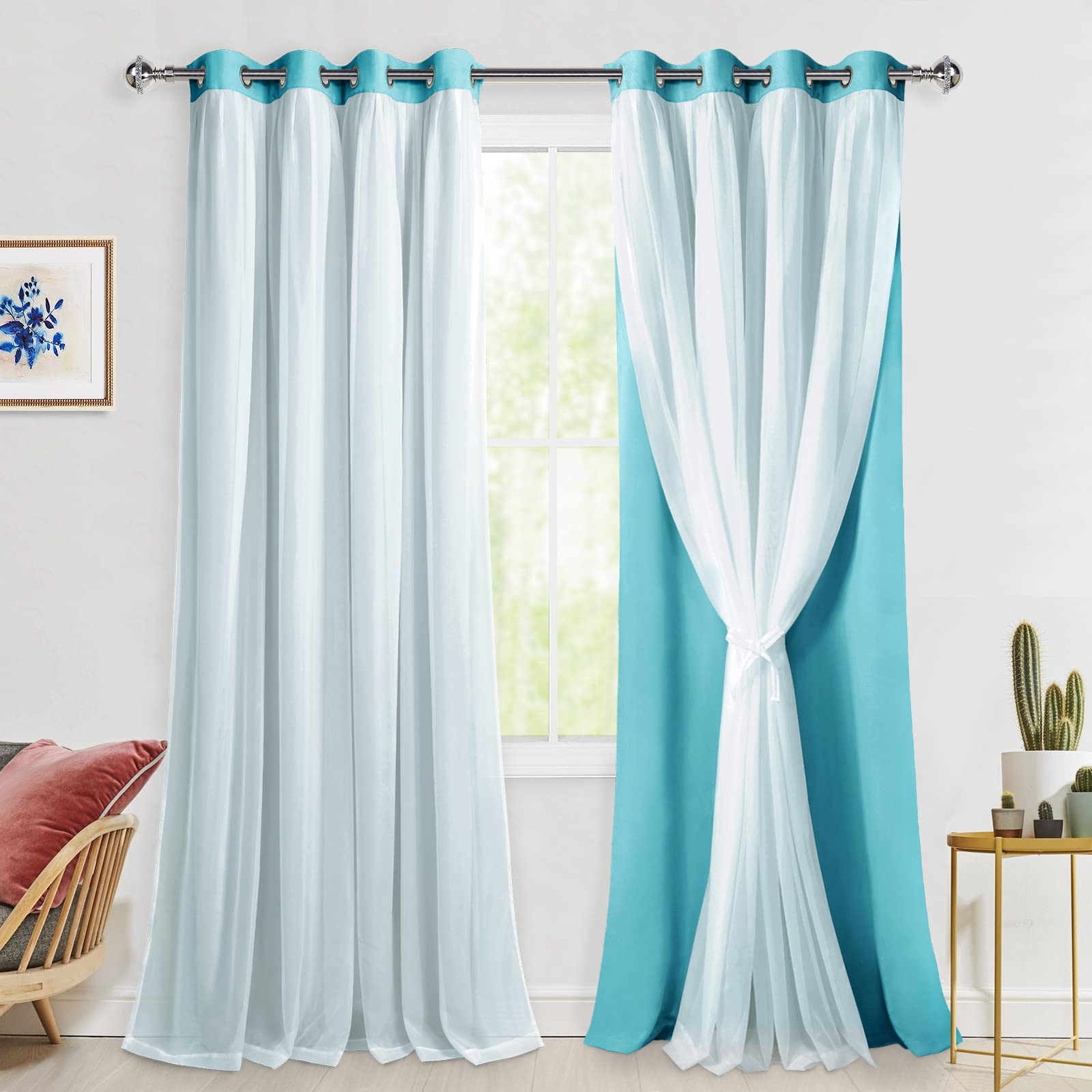 Photo 1 of Hiasan Mix & Match Blackout Curtains with Sheer Overlay, Double Layer Sun Blocking Thermal Insulated Grommet Window Curtains for Bedroom, Living Room, 2 Panels with Tiebacks, Turquoise, 52W X 108L
