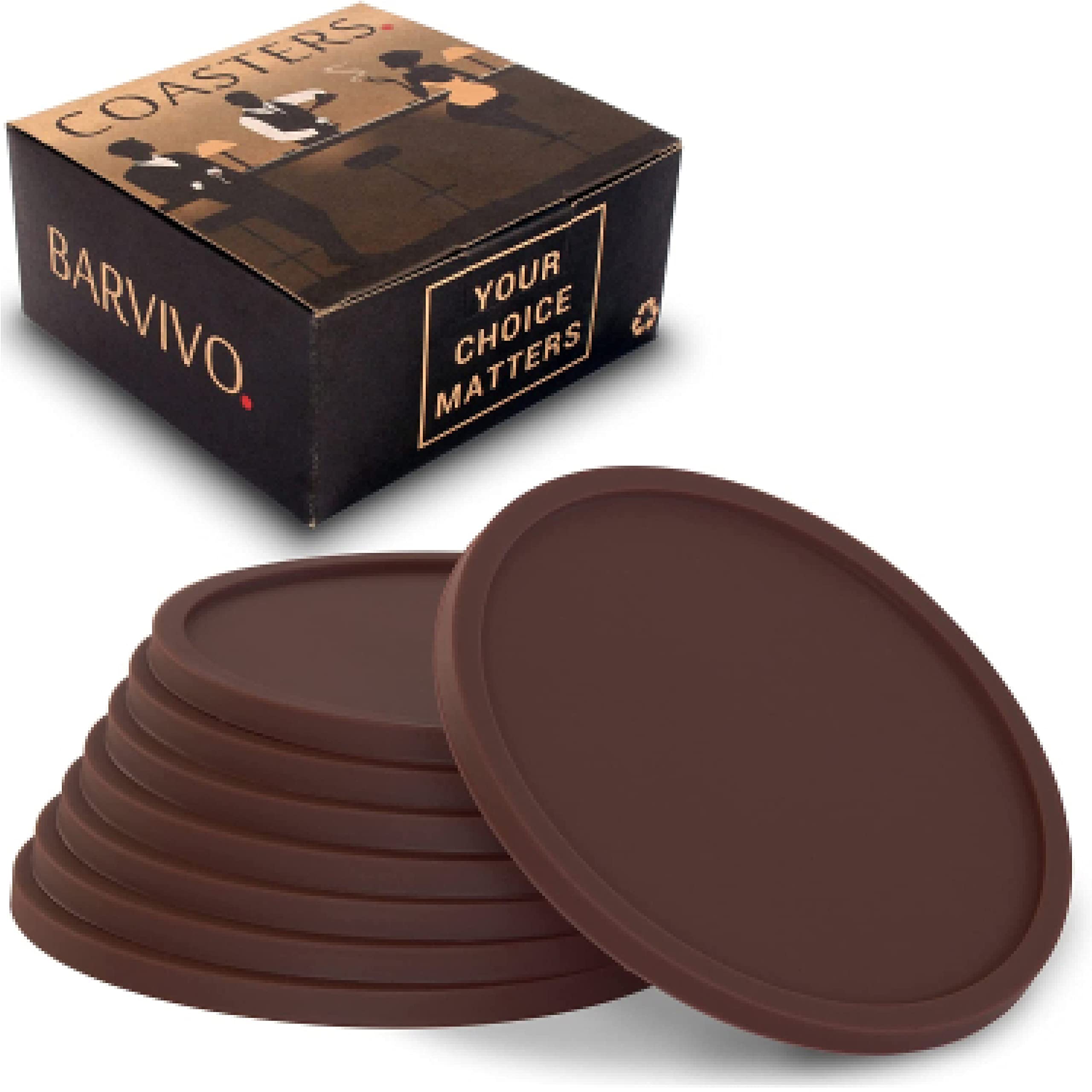 Drink Coasters by Barvivo Set of 8 - Tabletop Protection For Any Table Type, Wood, Granite, Glass, Soapstone, Marble, Stone Tables - Perfect Brown Soft Coaster Fits Any Size of Drinking Glasses.