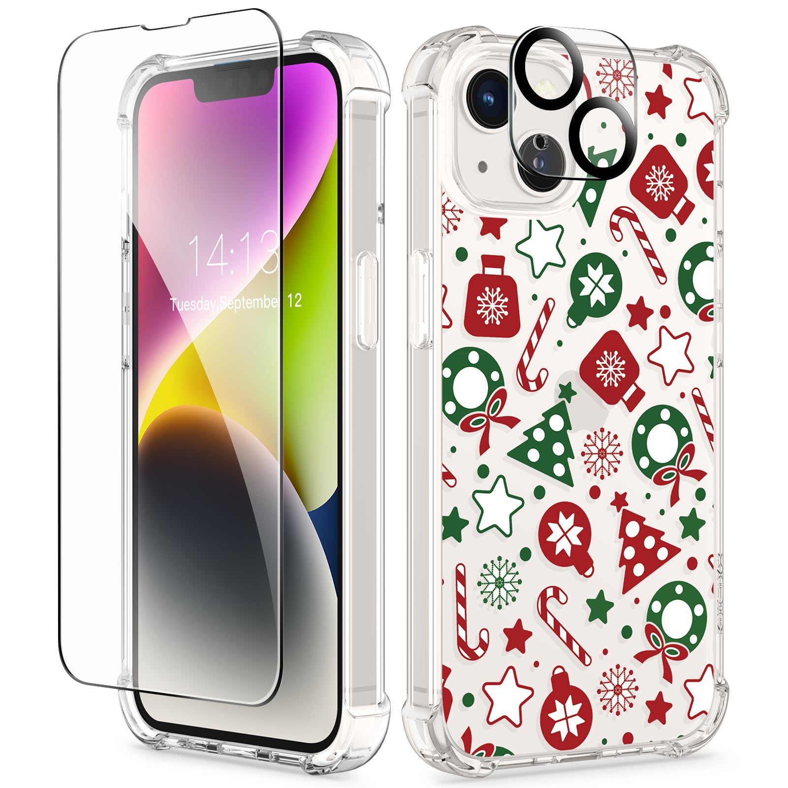 GVIEWIN Compatible with iPhone 14 Case 6.1 Inch 2022, with Tempered Glass Screen Protector+Camera Lens Protector, Flower Clear TPU Slim Bumper Shockproof Protective Cover,Christmas Party/Red