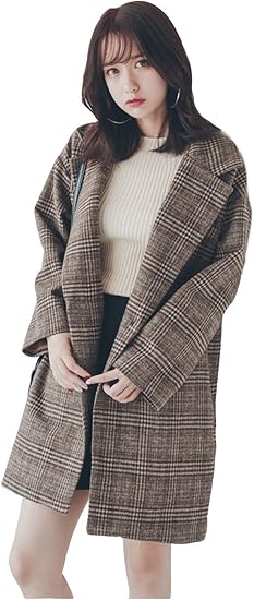 Amazon レディース カジュアル グレンチェック コート ロング丈 チェスターコート 茶色 L コート ジャケット 通販