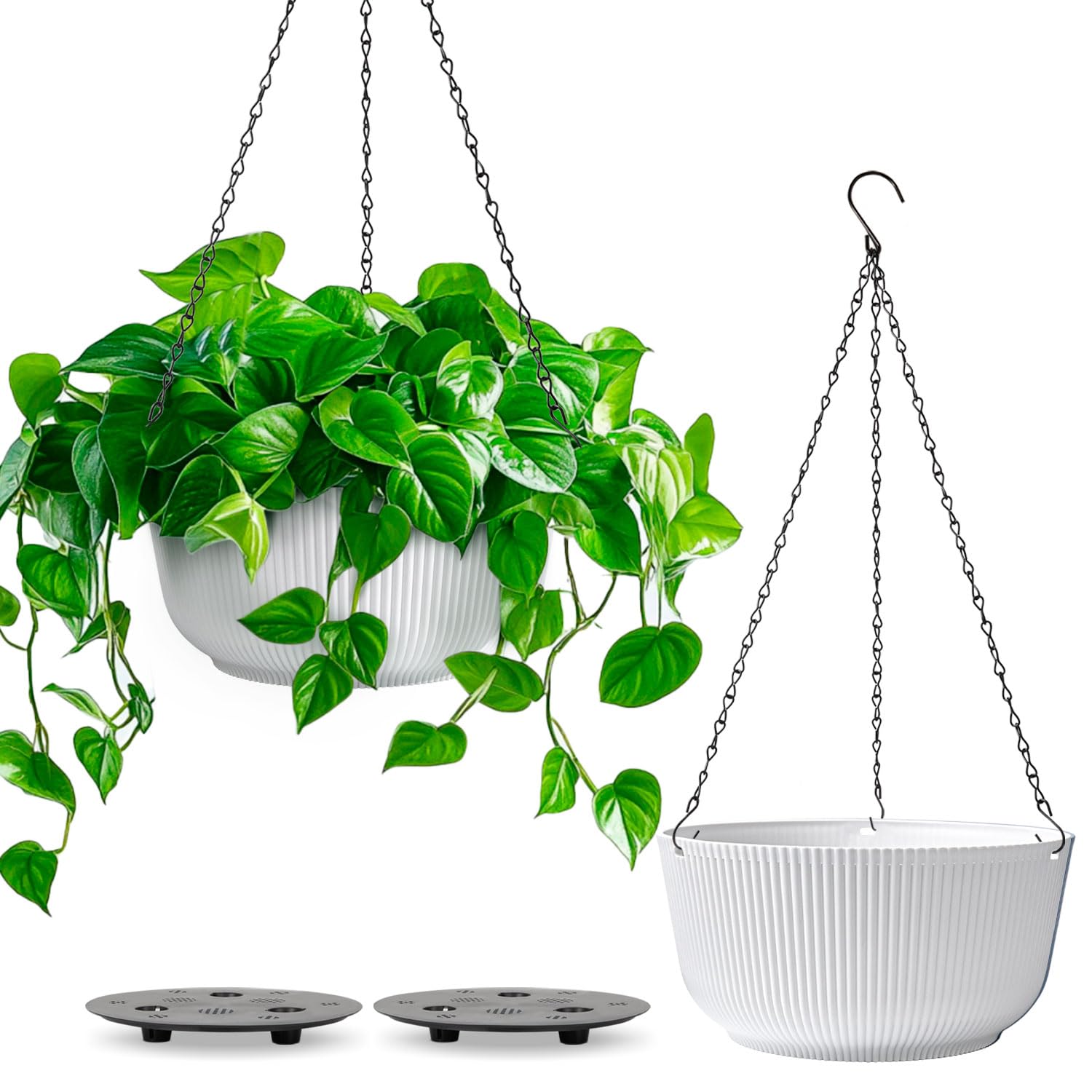Photo 1 of T4U Hanging Planter Self Watering 8 Inch, 2 Pack White Indoor Outdoor Hanging Plant pots, Hanging Flower Pot with Drainage Hole & Plug & Chain with 3 Hooks for Garden Home Decor