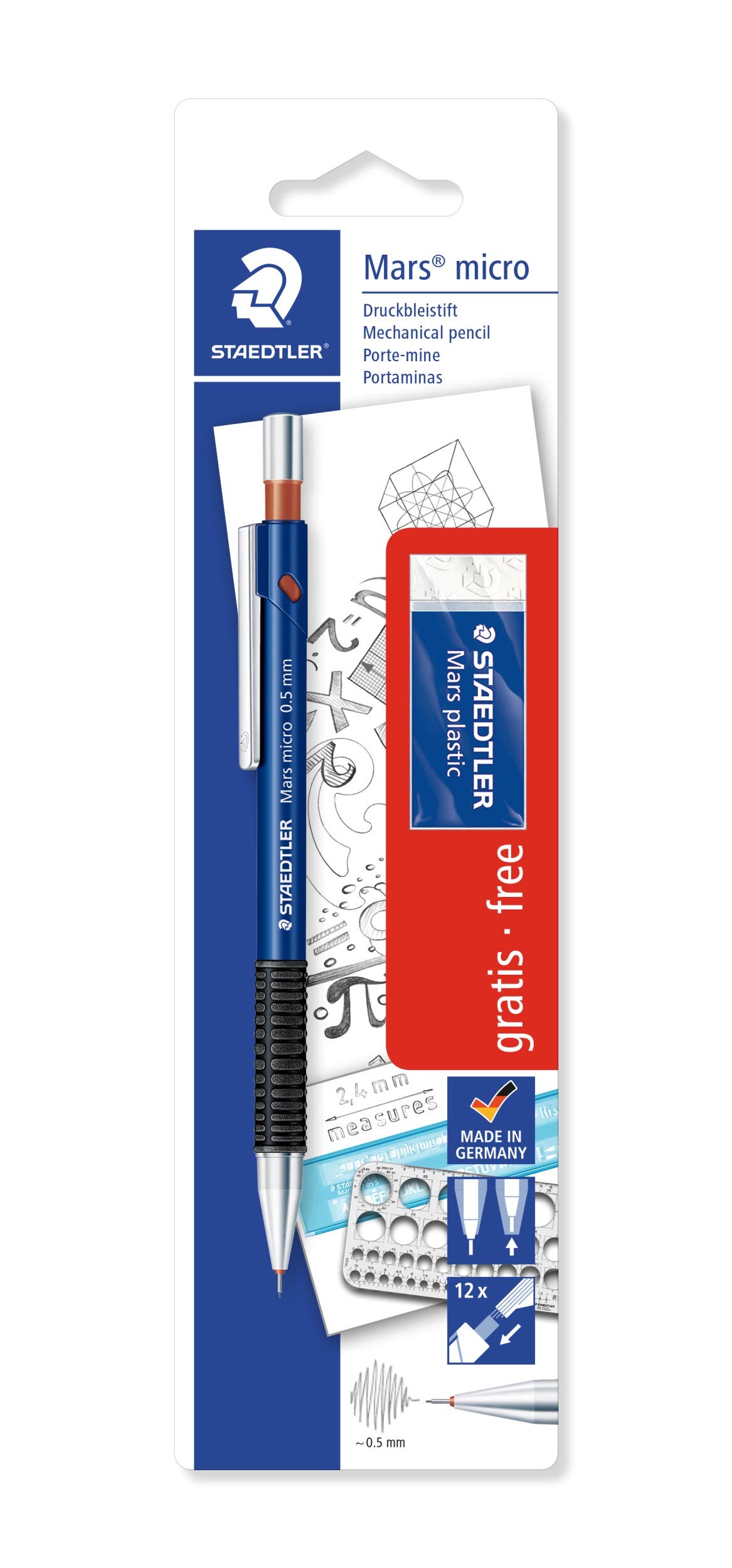 STAEDTLER Mars Micro 775 05SBK Mechanical Pencil (Non-Slip Rubber Grip Zone, Refillable, Set with Mechanical Pencil 0.5 and a Mars Plastic Eraser, High Quality)