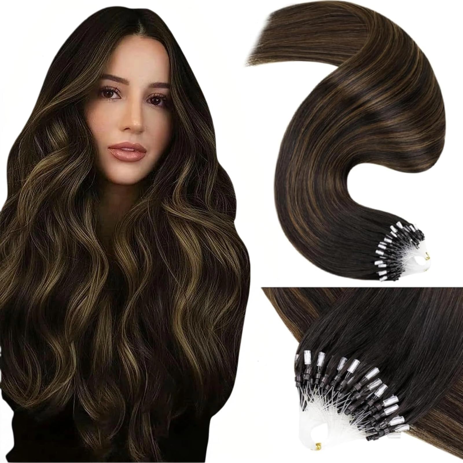 LaaVoo Micro Loop Hair Extensions Real Human Hair Brown Remy Straight Balayage Darkest to Light Brown Invisible Micro Ring Hair Extensions 50g 50s 16 Inch #2/8/2 — image 1