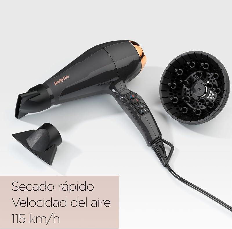 Secador de pelo Italian Air Pro con Difusor - Motor AC Profesional, Alta potencia 2200 W, Tecnología iónica antiencrespamiento, 2 temperaturas y 2 velocidades, Made In Italy, Negro, 6719DE