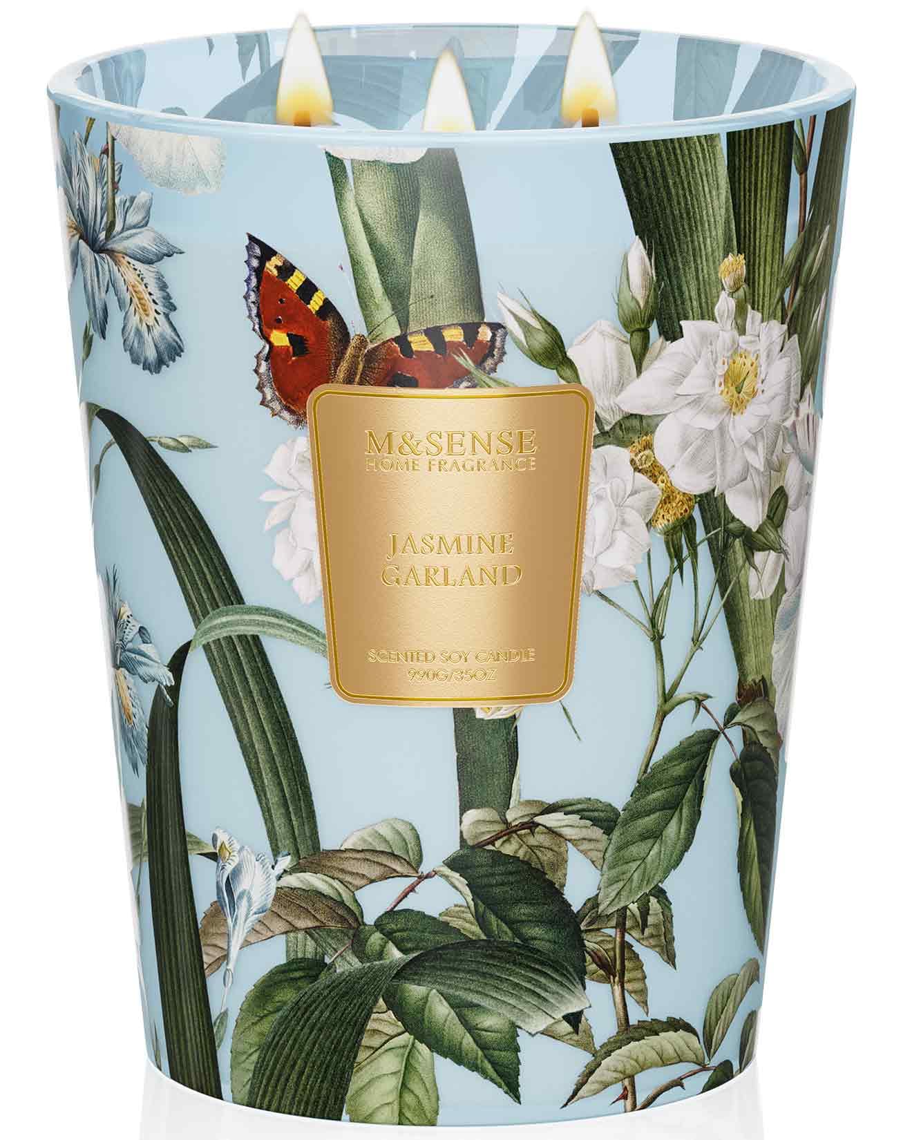 M&SENSE Jasmine Garland Extra Large Soy Scented Candle Gifts for Women, 990g 150H Candles for Men Long Burning, 3-Wick Home Fragrance Strong Scented Candle, Organic Non Toxic Aromatherapy Candle