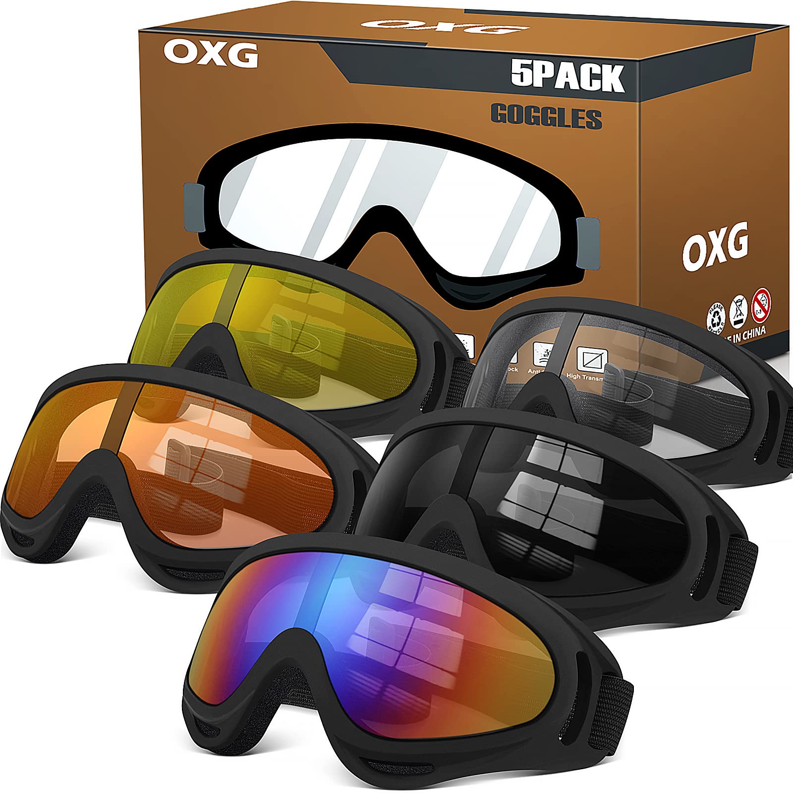 Photo 1 of OXG 5 Pack Motorcycle Goggles for Men Women, Ski goggles Dirt Bike ATV Goggles Anti-UV Riding Safety Glasses for Kids Youth