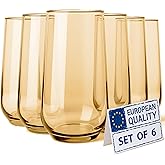 Biandeco Amber Drinking Glasses Set of 6 | Translucent Yellow Glassware | 16 oz Amber Glass Cups | Highball Drinkware for Cocktails, Long Drink, Mojito, Juice, Soda | Modern Sun-Tinted Drinkware