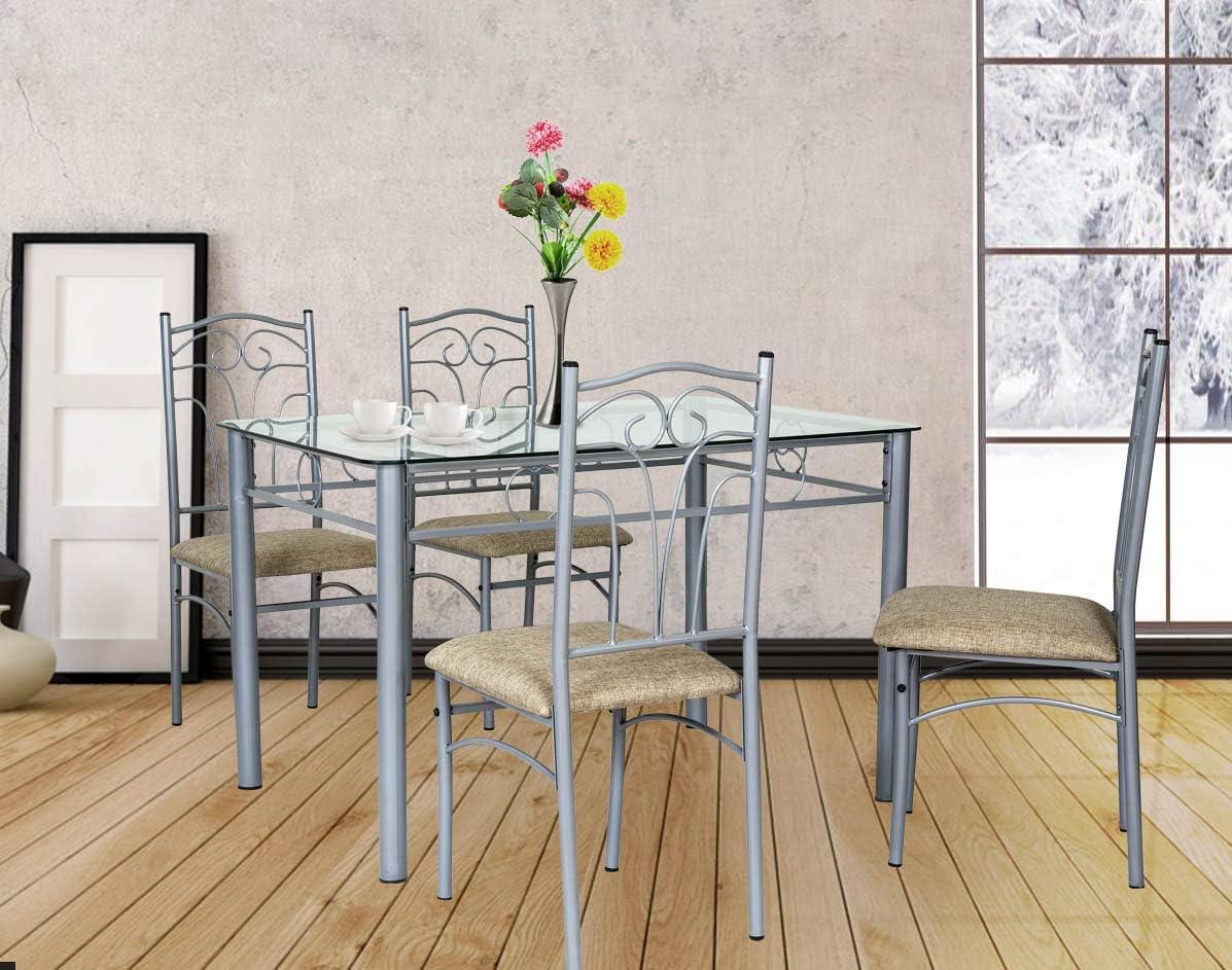 FurnitureKraft San Diego Four Seater Metal Dinning Table with Glass top