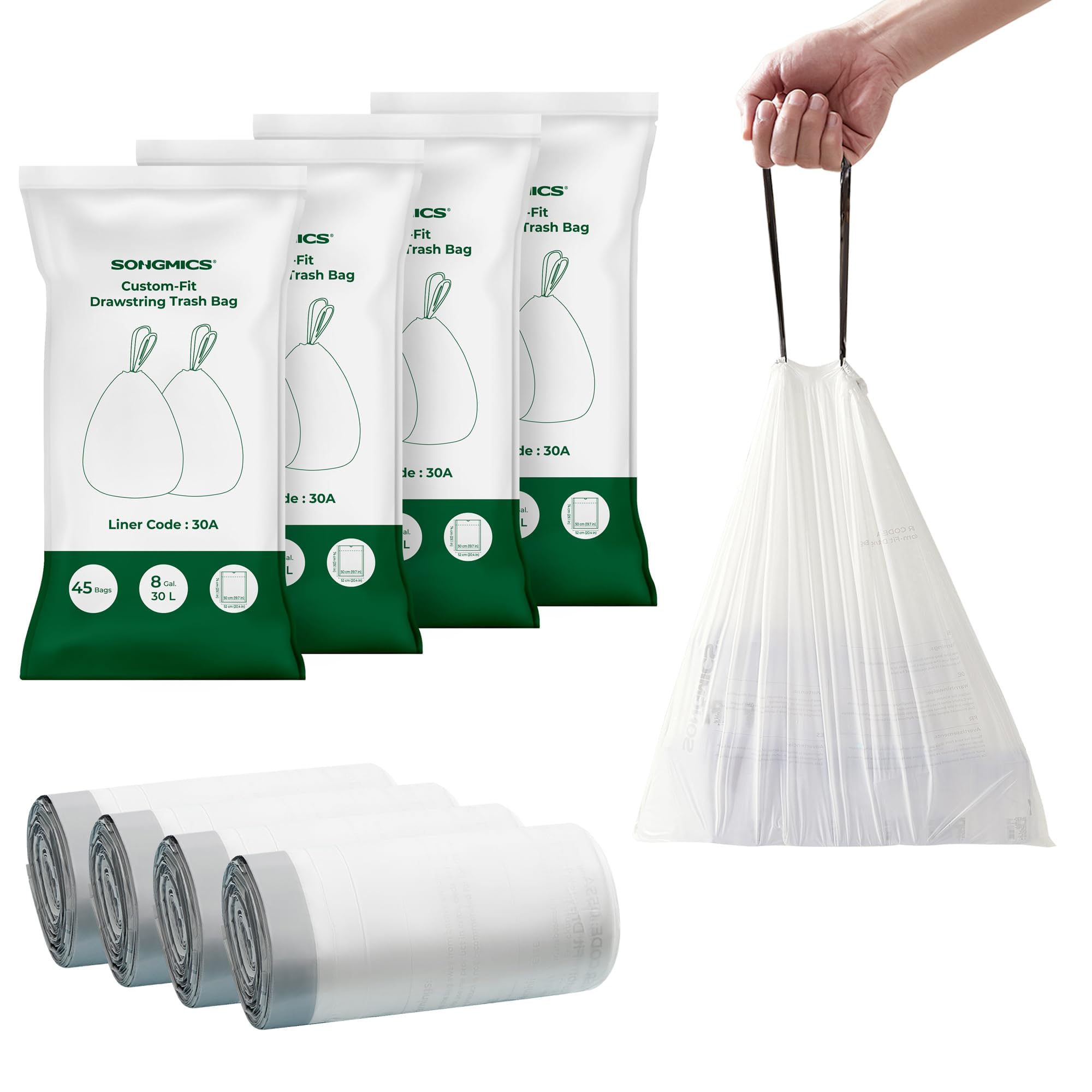 Photo 1 of SONGMICS Trash Bags for 8-Gallon (30 L) Trash Cans, Drawstring Kitchen Garbage Bags, Pre-Separated, Liner Code 30A, 4 Rolls, 180 Count, White UKRB030A04