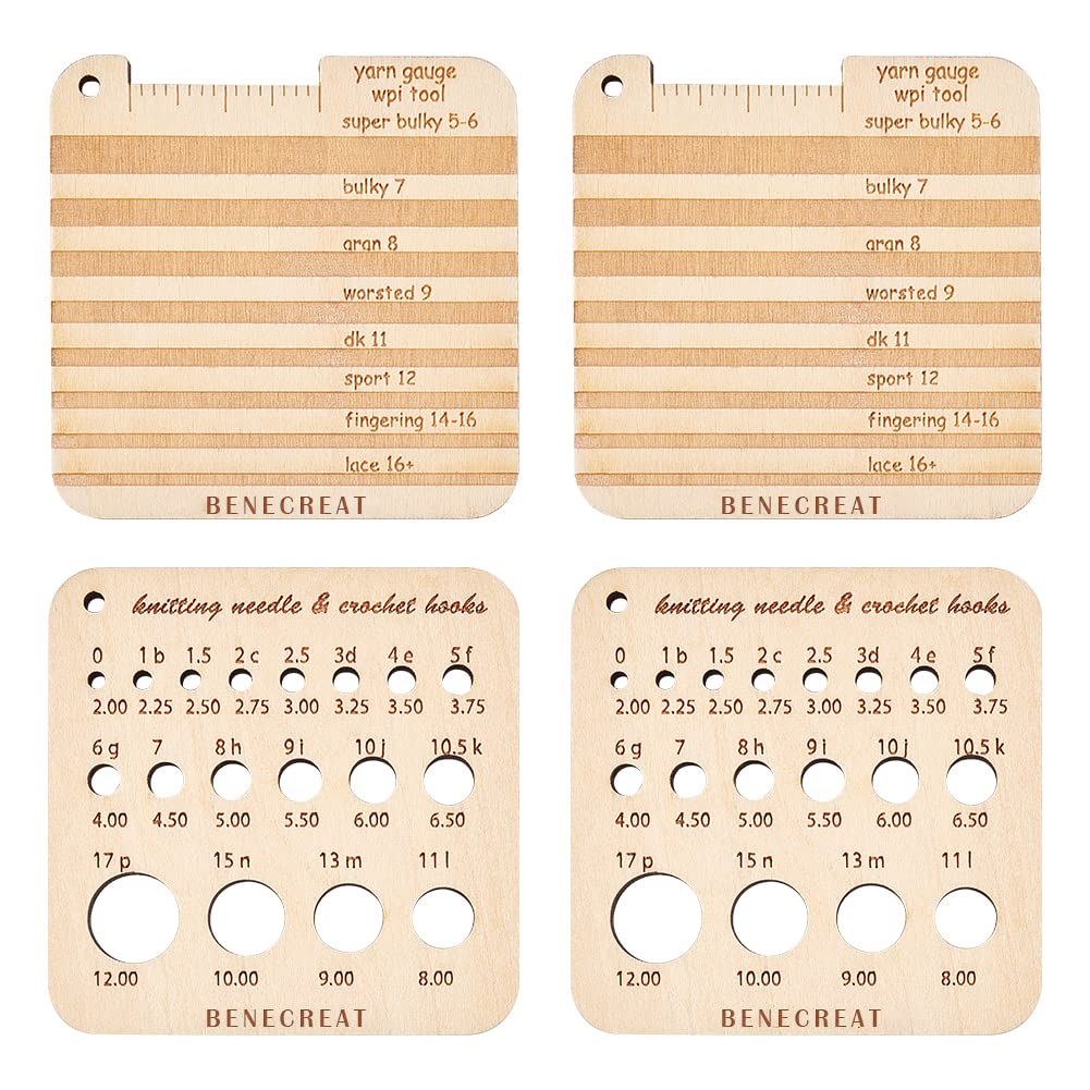 BENECREAT 4pc Wood Knitting Gauge Rulers, 2 Style Square Knitting Tool Crochet Hook and Needle Gauge, 6.35x6.35x0.5cm