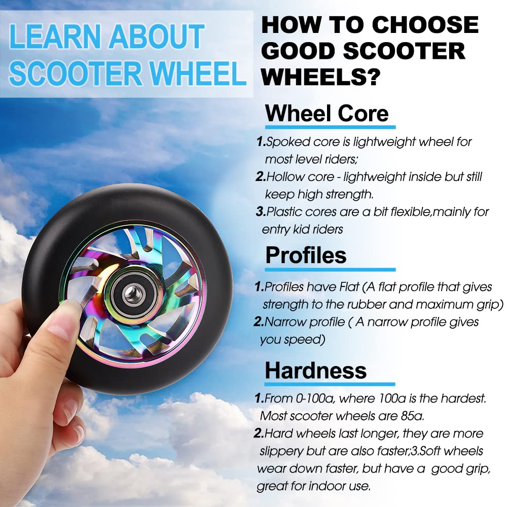 100mm Scooter Wheels - Pro Scooter Wheels 100mm Pair - Neo Oil Slick 100mm Metal Scooter Wheels Replacement - Pro Scooter Wheels 100mm - 24mm x 100mm - Bearings Installed - Scooter Wheels for Kids