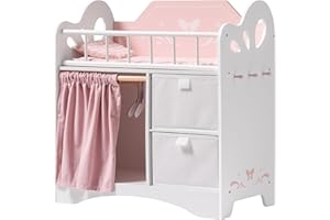 ROBOTIME Baby Doll Crib, Wooden Doll Bed, Toy Baby Crib with Storage, Bedding, and Wooden Hooks, Doll Crib Fits Dolls up to 2