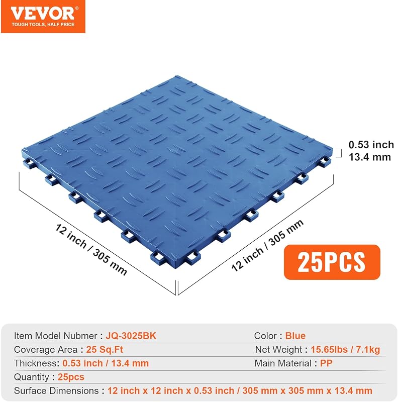Piastrelle per garage ad incastro, Confezione da 25, Piastrelle per pavimentazione per garage in PP, 305 x 305 x 13,4 mm, garage, scantinati, officine di riparazione, Blu