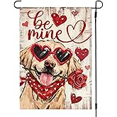 ARGOOFG Valentines Day Garden Flag 12x18 Inch Double Sided Outside Small, Be Mine Golden Retriever Love Hearts Rose Holiday Yard Porch Rustic Dog Outdoor Flag Anniversary Wedding Decoration