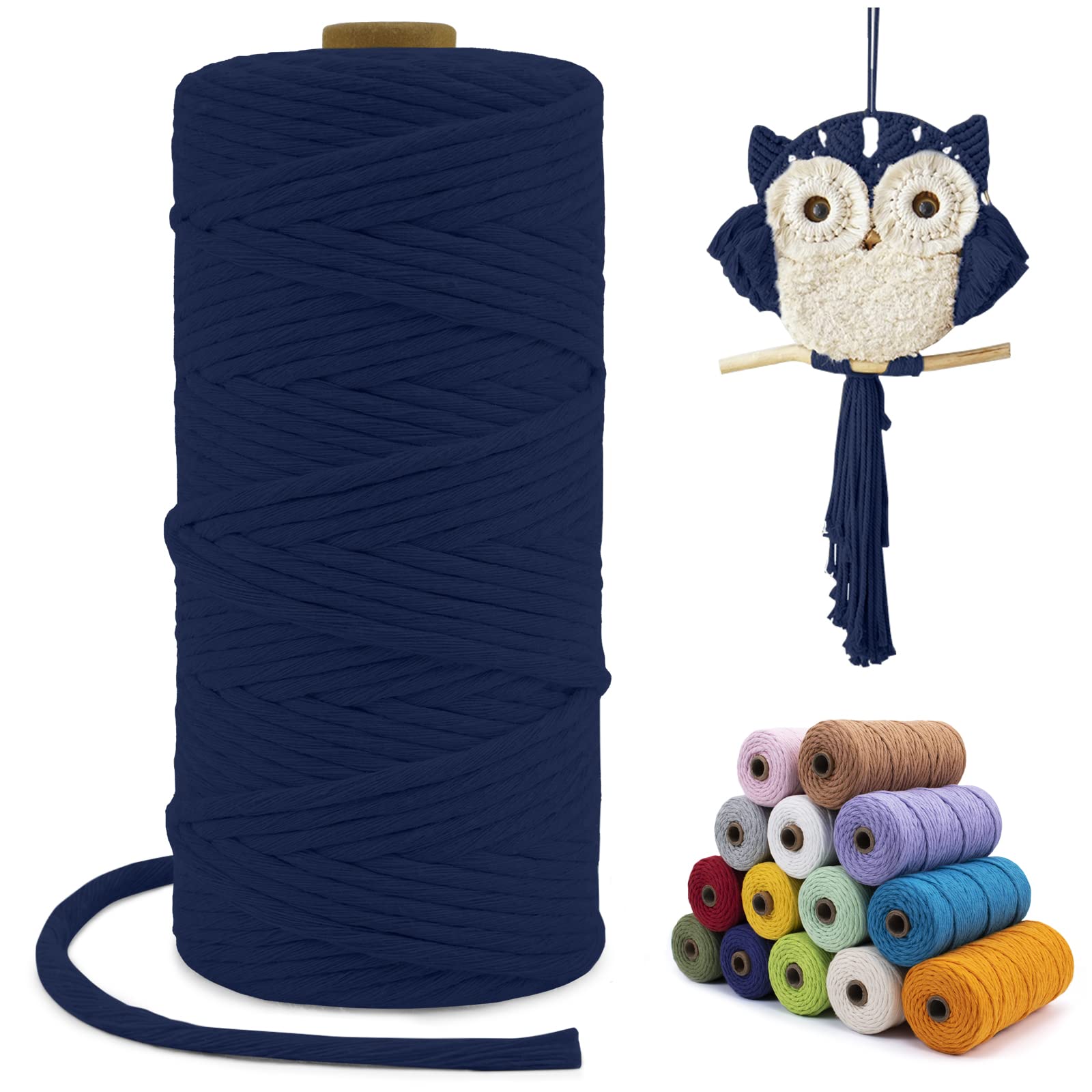 LEREATI Macrame Cord 3mm x 100m, Single Strand Thick Macrame Rope Yarn Natural Cotton Cord, Craft Macrame String for Plant Hanger, Wall Hanging, Knitting, DIY, Home Decorations (Dark Blue)