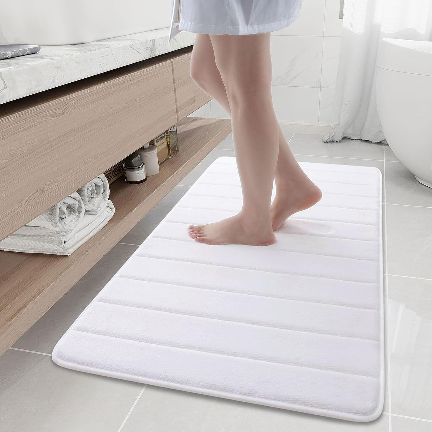smiry Memory Foam Bath Mat, 60 x 120 cm, Extra Soft Large Bathroom Mat Runner, Super Absorbent Non-Slip Bath Mats for Bathroom Floor Long Machine-Washable Bath Rug Foot Mat, White — image 1