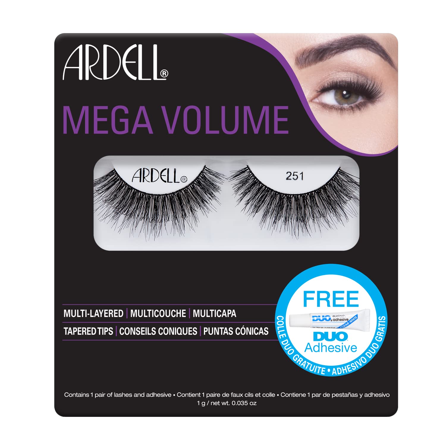 Ardell False Eyelashes Mega Volume 251 With Free Mini DUO Black Adhesive Maximum Volume Long Length Rounded Lash Style Full Voluminous Strip Lash Vegan-Friendly Cruelty-Free Lashes